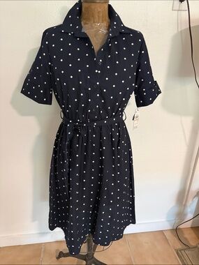 NWT DKNy Polka Dot Shirt Dress with Tie Waist - Navy Size 2